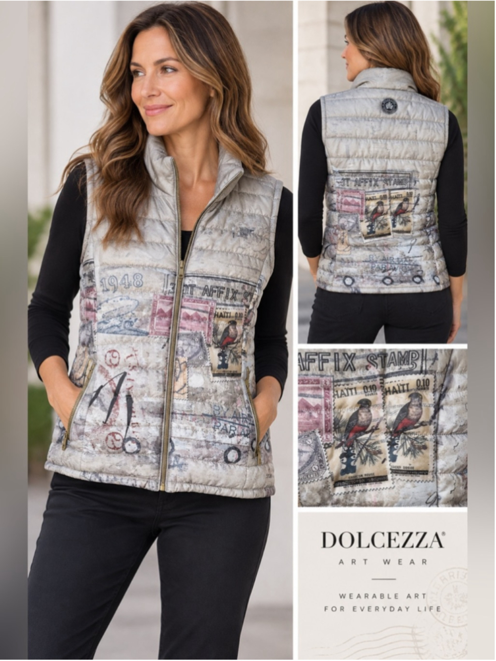 Dolcezza Paris Postcard Print Quilted Artistic Vest in Light Gray Size M or L